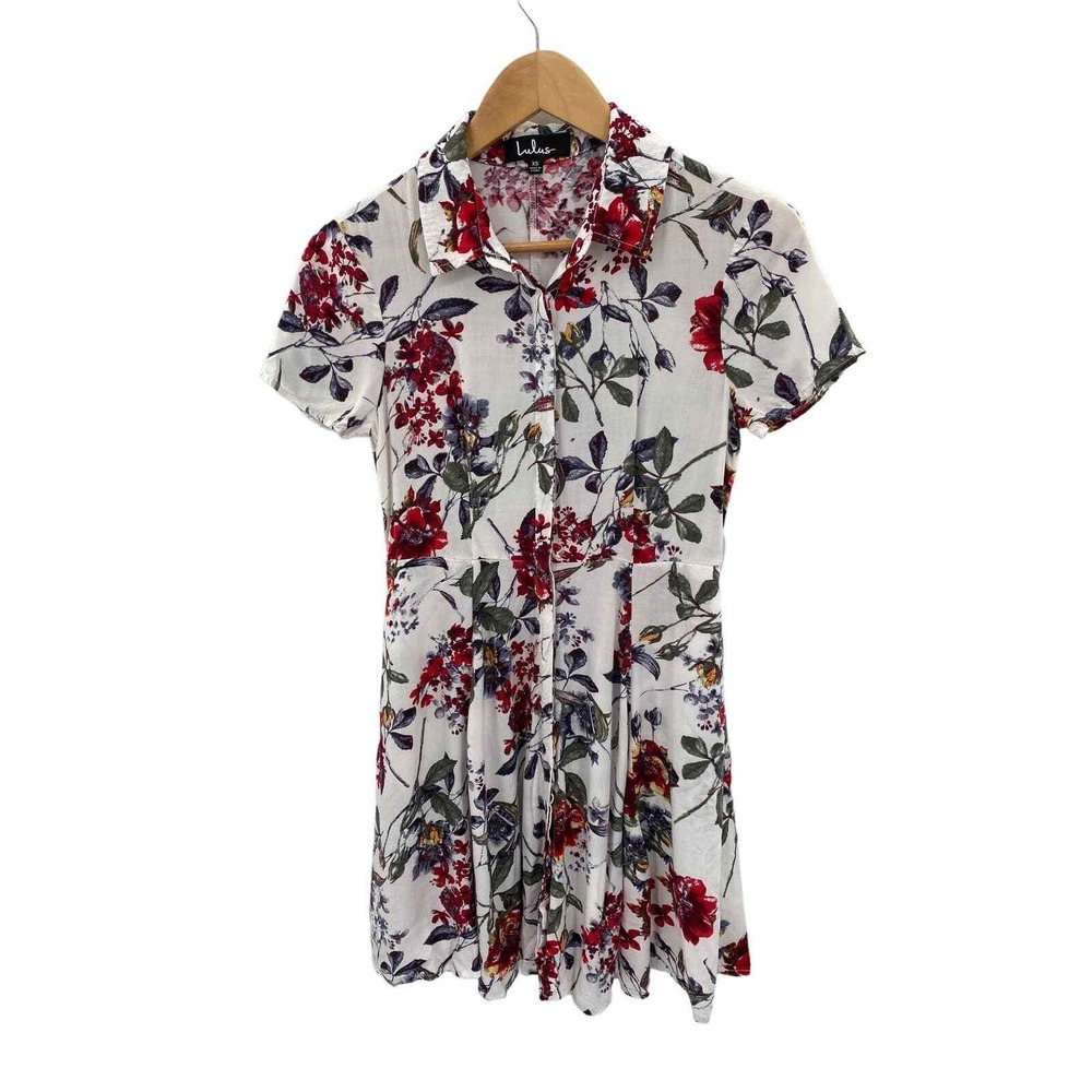 Lulu's Button Front Dress Womens XS White Floral Print Rayon Pockets
